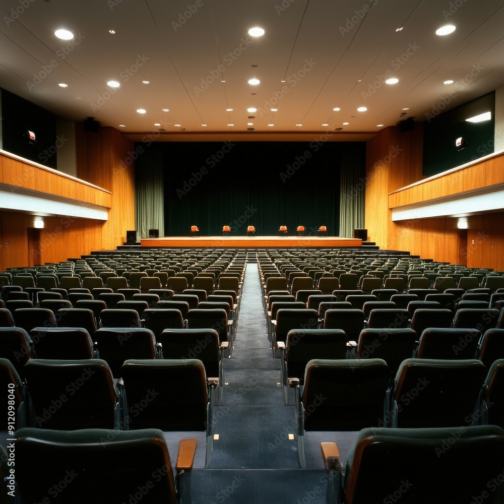 A spacious auditorium with empty seats facing a stage, perfect for events, presentations, or seminars. A spacious auditorium with empty seats facing a stage, perfect for events, presentations, or seminars.
