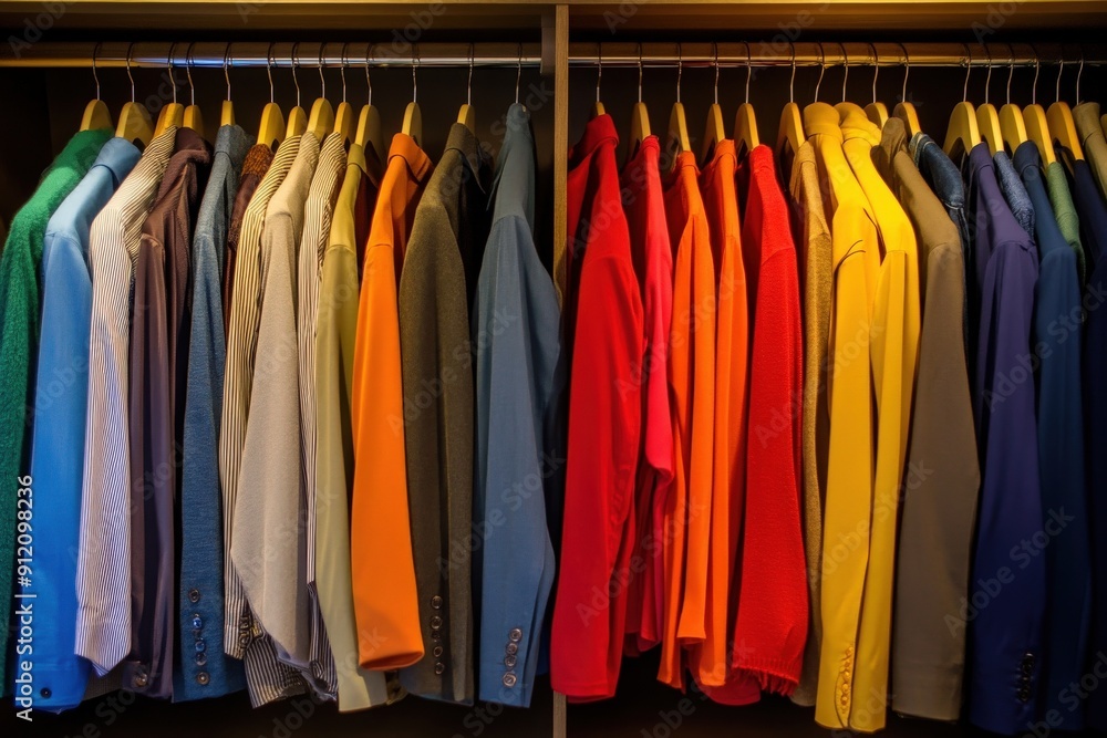 A vibrant collection of neatly arranged, colorful suits hanging in a modern wardrobe, showcasing fashion elegance and choice. A vibrant collection of neatly arranged, colorful suits hanging in a modern wardrobe, showcasing fashion elegance and choice.