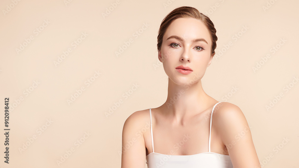 Beautiful young woman with clean fresh skin on beige background, Face care, Facial treatment, Cosmetology, beauty and spa, women portrait. Beautiful young woman with clean fresh skin on beige background, Face care, Facial treatment, Cosmetology, beauty and spa, women portrait.