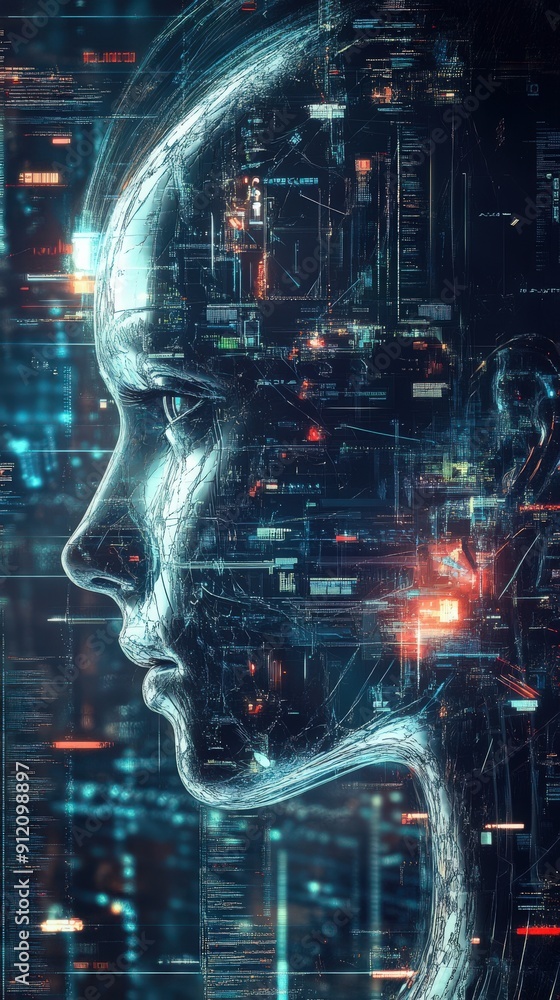 Futuristic silhouette of an artificial intelligence head with digital circuitry and vibrant light effects. Futuristic silhouette of an artificial intelligence head with digital circuitry and vibrant light effects.