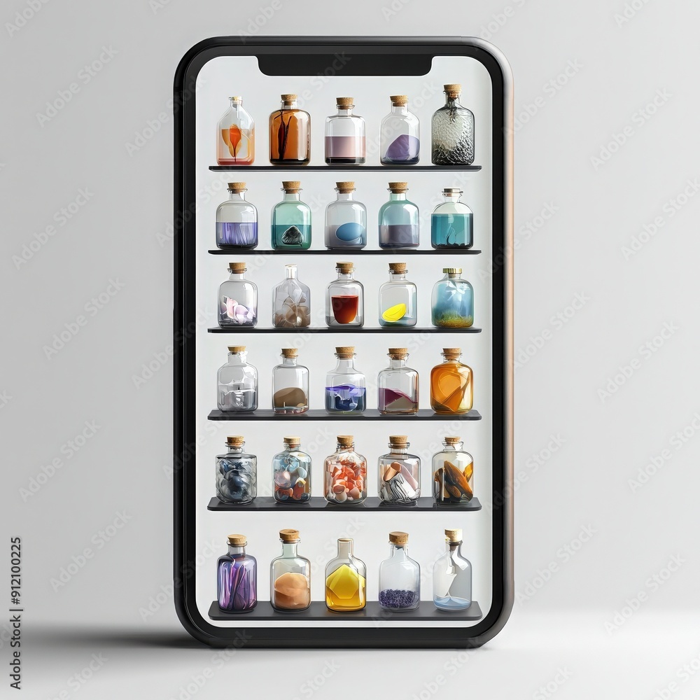 A modern smartphone displaying an array of colorful glass bottles on shelves, showcasing artistic design and creativity. A modern smartphone displaying an array of colorful glass bottles on shelves, showcasing artistic design and creativity.