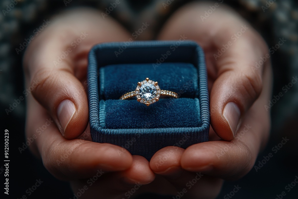 Fototapeta premium Close-Up of Hands Holding Open Ring Box with Engagement Diamond Ring, Blurred Background, Valentine’s Day, Minimalistic Composition 