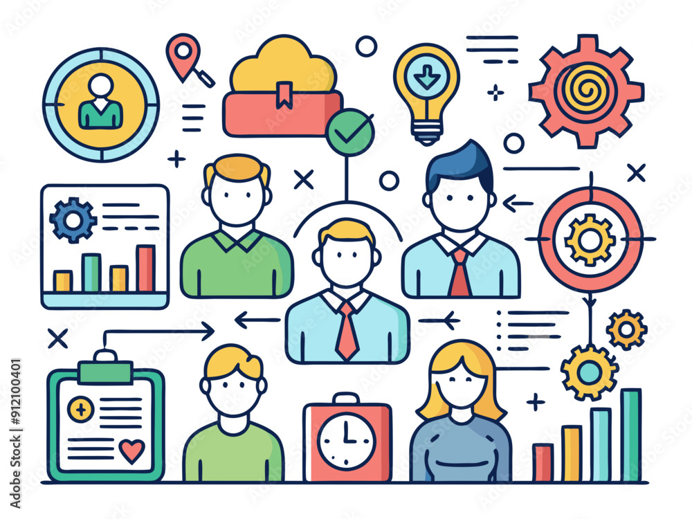 Teamwork Synergy in Action: A vibrant, line-art illustration depicting a cohesive team collaborating towards shared goals, surrounded by icons of strategy, innovation, and success. Teamwork Synergy in Action: A vibrant, line-art illustration depicting a cohesive team collaborating towards shared goals, surrounded by icons of strategy, innovation, and success.