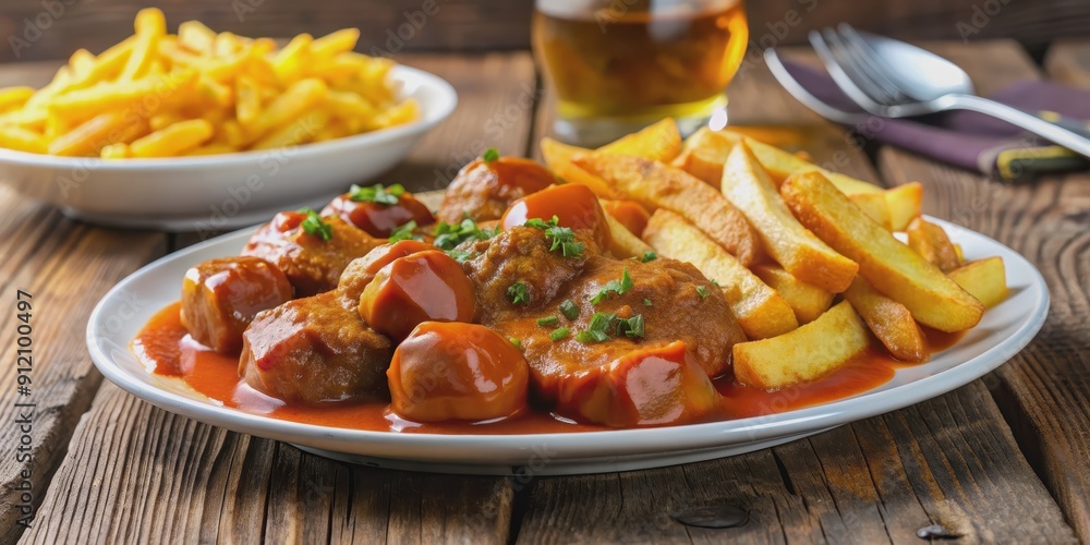 Currywurst with curry and chips, a popular street food dish in Germany, Currywurst, curry, chips, fast food, German cuisine Currywurst with curry and chips, a popular street food dish in Germany, Currywurst, curry, chips, fast food, German cuisine