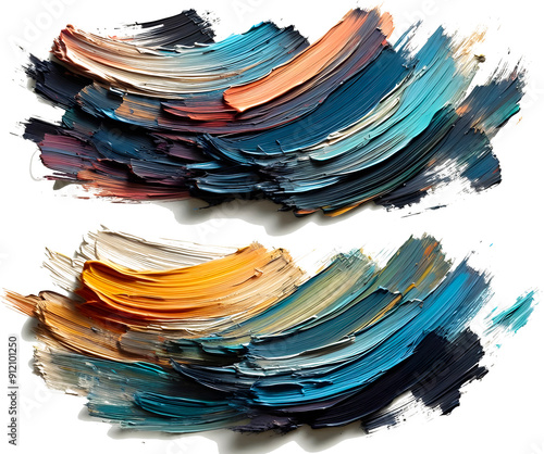 Bold, textured paintbrush strokes in various colors on a white background
