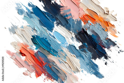 Bold, textured paintbrush strokes in various colors on a white background