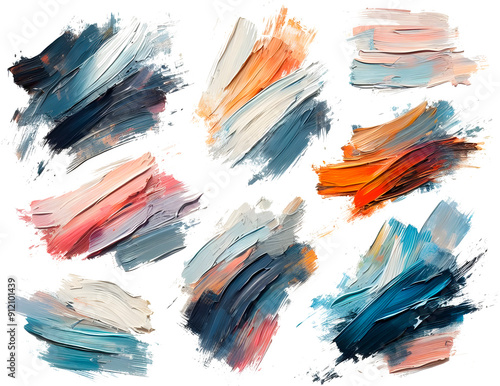 Bold, textured paintbrush strokes in various colors on a white background
