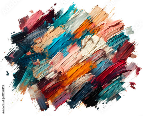 Bold, textured paintbrush strokes in various colors on a white background