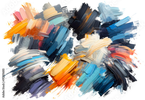 Bold, textured paintbrush strokes in various colors on a white background