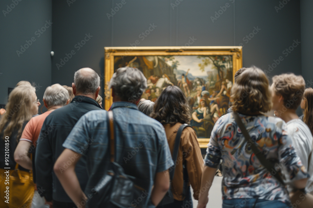 people in a popular art museum, exploring and looking at timeless art in gold frame that is beautiful people in a popular art museum, exploring and looking at timeless art in gold frame that is beautiful