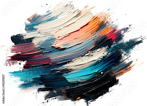 Bold, textured paintbrush strokes in various colors on a white background