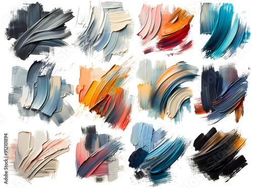 Bold, textured paintbrush strokes in various colors on a white background
