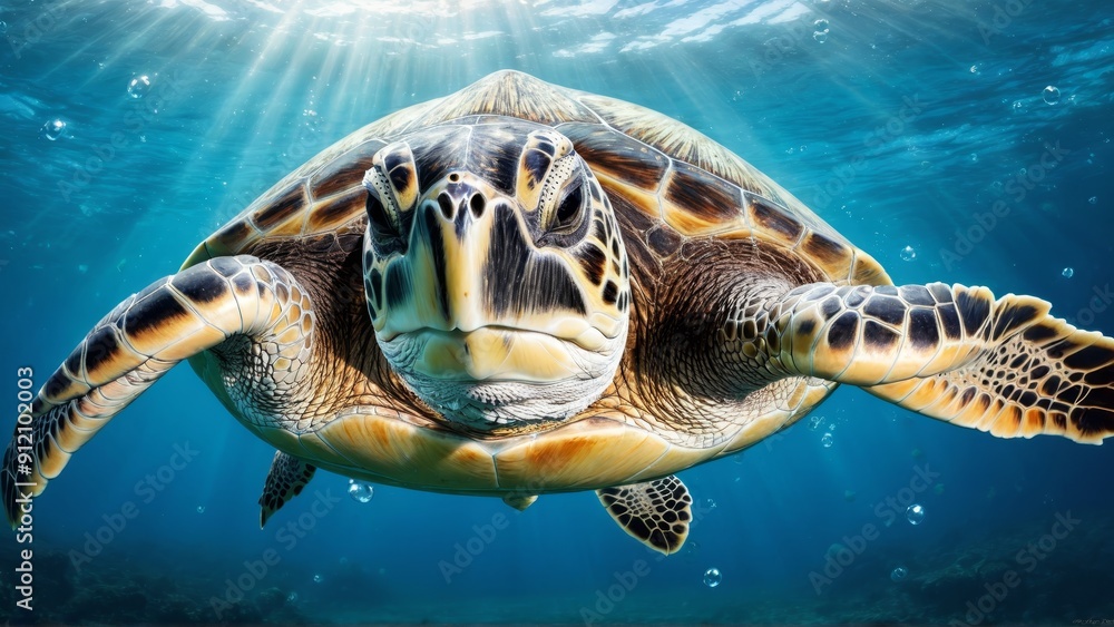 Fototapeta premium A turtle swimming gracefully underwater. The turtle is surrounded by numerous air bubbles, creating a serene and peaceful atmosphere. The water is clear and blue.