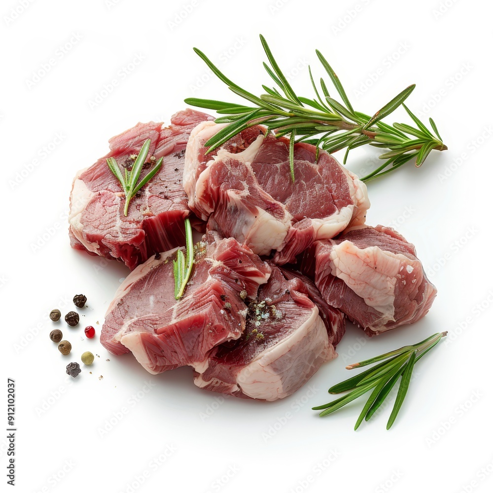 Fresh raw lamb chops with rosemary and peppercorns on white background. Fresh raw lamb chops with rosemary and peppercorns on white background.