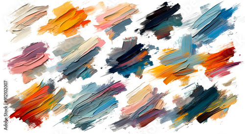 Bold, textured paintbrush strokes in various colors on a white background