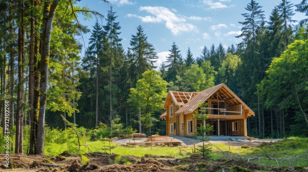 A serene scene of a partially constructed wooden cabin in a forest, with natural materials and a clear blue sky overhead. A serene scene of a partially constructed wooden cabin in a forest, with natural materials and a clear blue sky overhead.