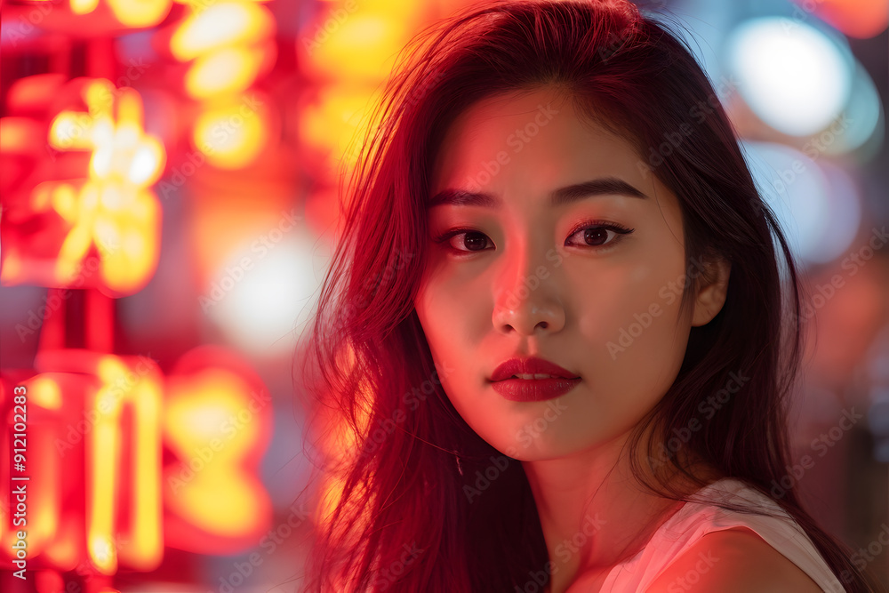 A woman with long dark hair and red lipstick is standing in front of a neon sign