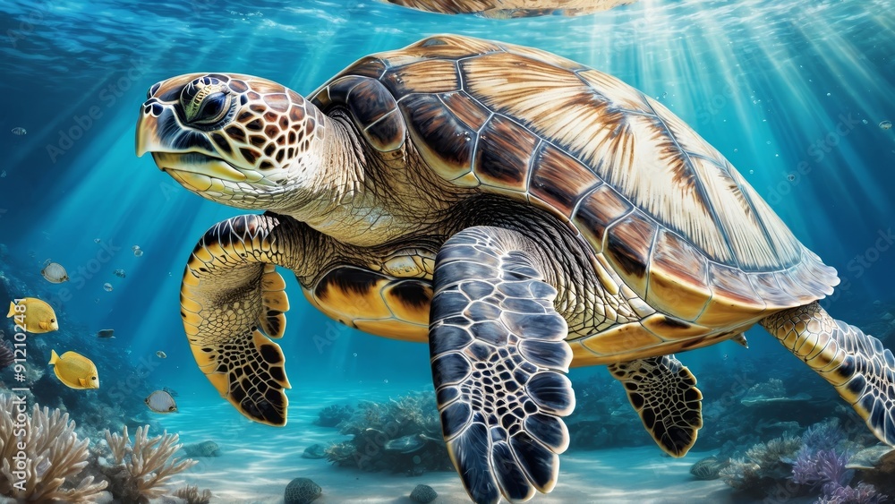 Fototapeta premium A turtle swimming gracefully underwater. The turtle is surrounded by numerous air bubbles, creating a serene and peaceful atmosphere. The water is clear and blue.