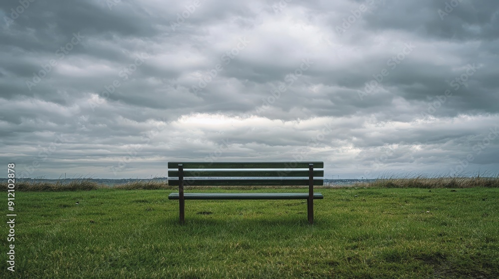 A solitary bench on lush green grass under an overcast sky, perfect for moments of reflection and tranquility in nature. A solitary bench on lush green grass under an overcast sky, perfect for moments of reflection and tranquility in nature.