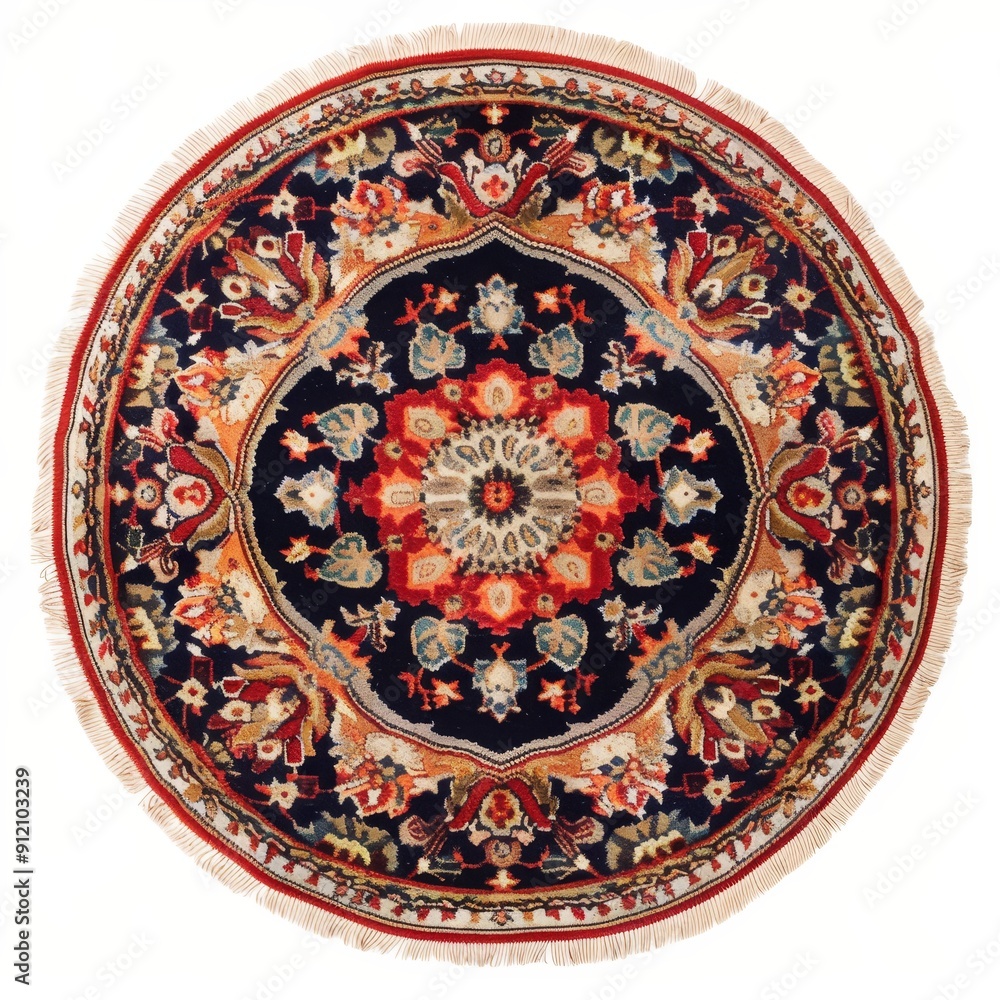 Naklejka premium Intricate, colorful circular rug with floral and geometric patterns on a dark blue background.