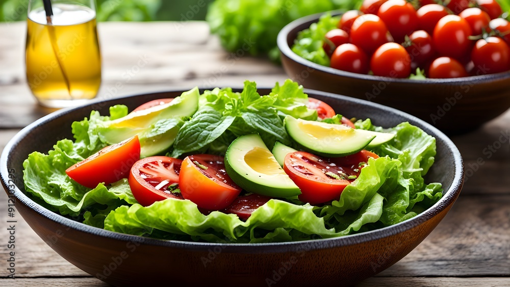 A bowl of salad with tomatoes and avocado on a wooden table A bowl of salad with tomatoes and avocado on a wooden table