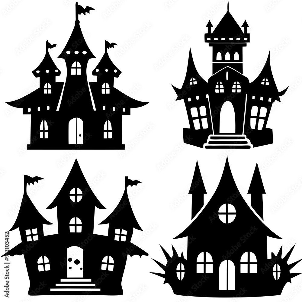scary Halloween house black silhouette Set art vector illustration scary Halloween house black silhouette Set art vector illustration