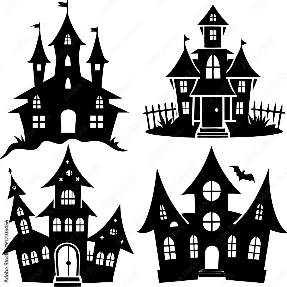 scary Halloween house black silhouette Set art vector illustration scary Halloween house black silhouette Set art vector illustration