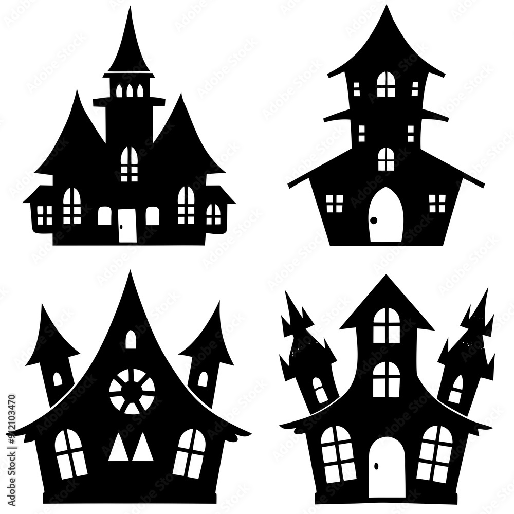 scary Halloween house black silhouette Set art vector illustration scary Halloween house black silhouette Set art vector illustration