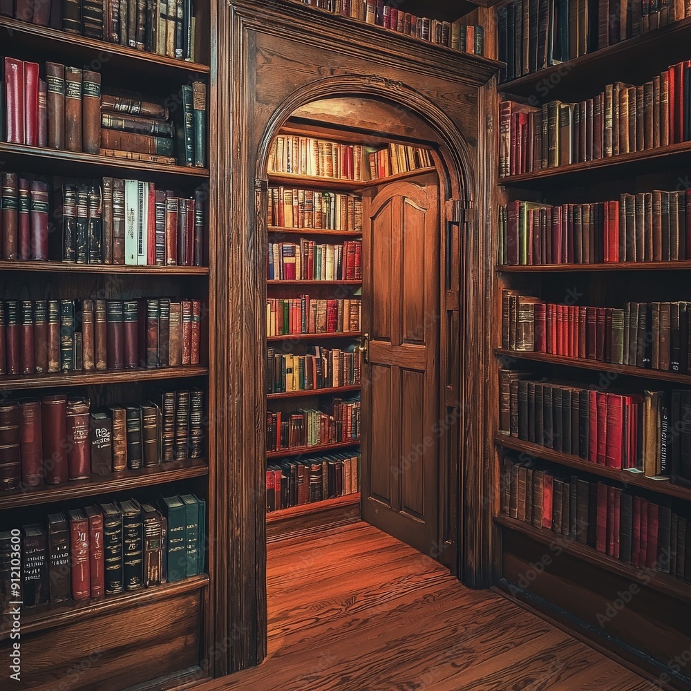 Cozy wooden library with tall shelves filled with books, inviting to explore knowledge and stories through an arched doorway. Cozy wooden library with tall shelves filled with books, inviting to explore knowledge and stories through an arched doorway.