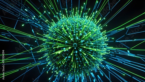 A green and blue sphere with a lot of lines coming out of it