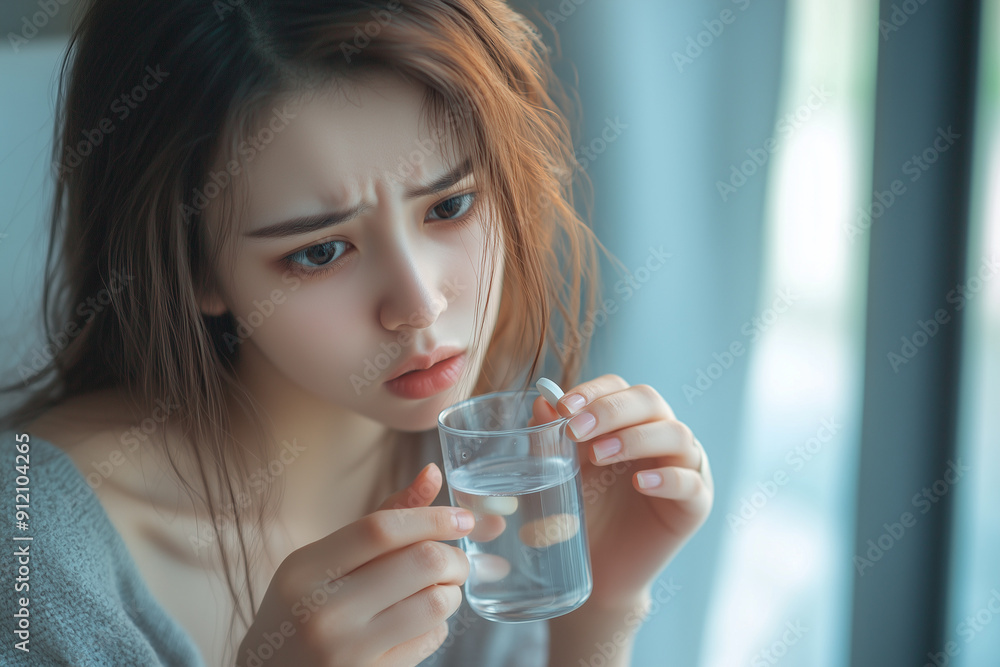 Woman seen holding pill in one hand, glass of water on other hand, drugs as treatment for depression medication mental health care concept. Woman seen holding pill in one hand, glass of water on other hand, drugs as treatment for depression medication mental health care concept.