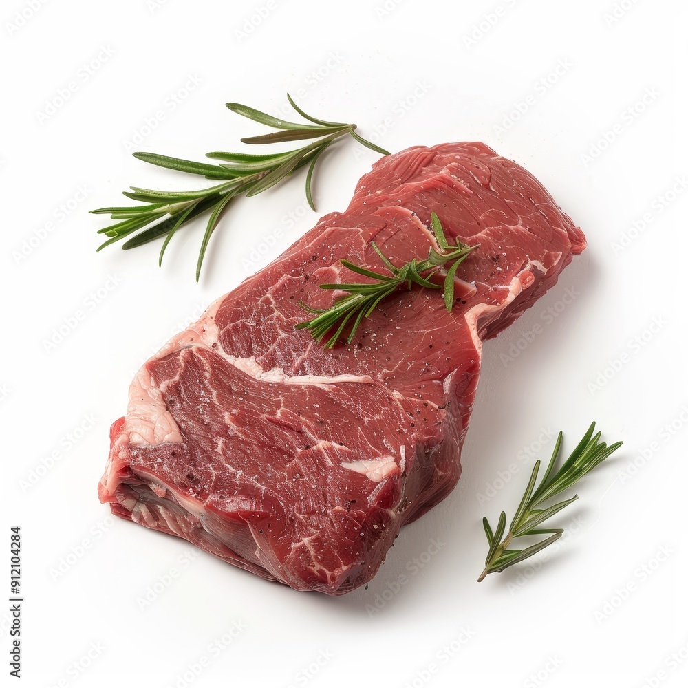 Raw beef steak with rosemary sprigs on white background. Raw beef steak with rosemary sprigs on white background.