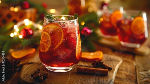 Festive drink with citrus slices and spices, perfect for holiday gatherings. Enjoy the vibrant colors and refreshing flavors.