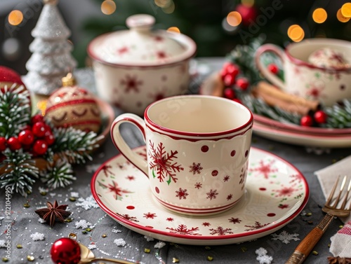 Festive porcelain cup with saucer, decorated with snowflakes, perfect for holiday gatherings and warm winter drinks.