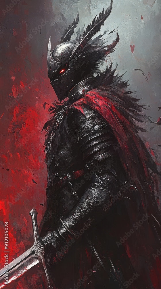 Naklejka premium A dark warrior clad in armor with a striking red cloak, poised for battle in a dramatic, ominous setting.