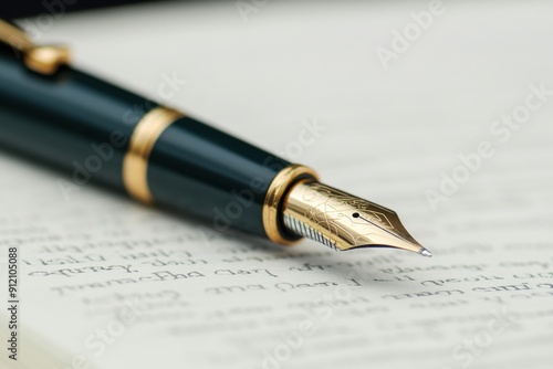 Close-up of a elegant fountain pen poised over handwritten notes, showcasing sophistication in writing and creativity.