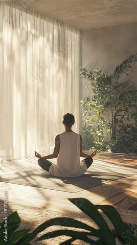 A serene moment of meditation in a sunlit room, fostering tranquility and mindfulness amidst greenery.
