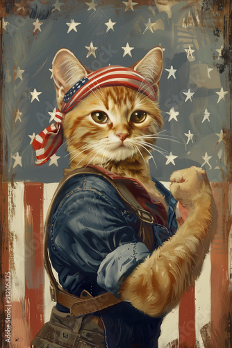 patriotic cat in front of american flag vintage retro portrait