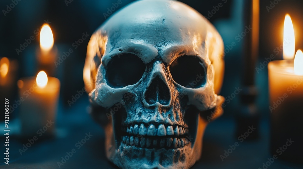 Candlelit scene with skulls and candles in the background Candlelit scene with skulls and candles in the background