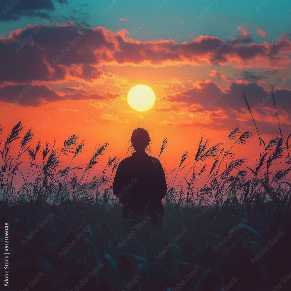 A serene sunset view with a silhouette standing in tall grass, creating a tranquil atmosphere of reflection and peace. A serene sunset view with a silhouette standing in tall grass, creating a tranquil atmosphere of reflection and peace.