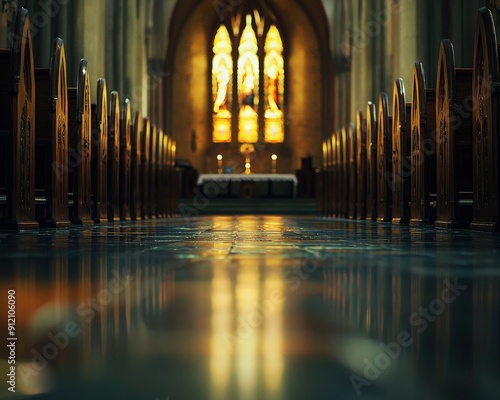 A serene view of a church interior with polished wooden pews and an illuminated altar, creating a peaceful atmosphere.