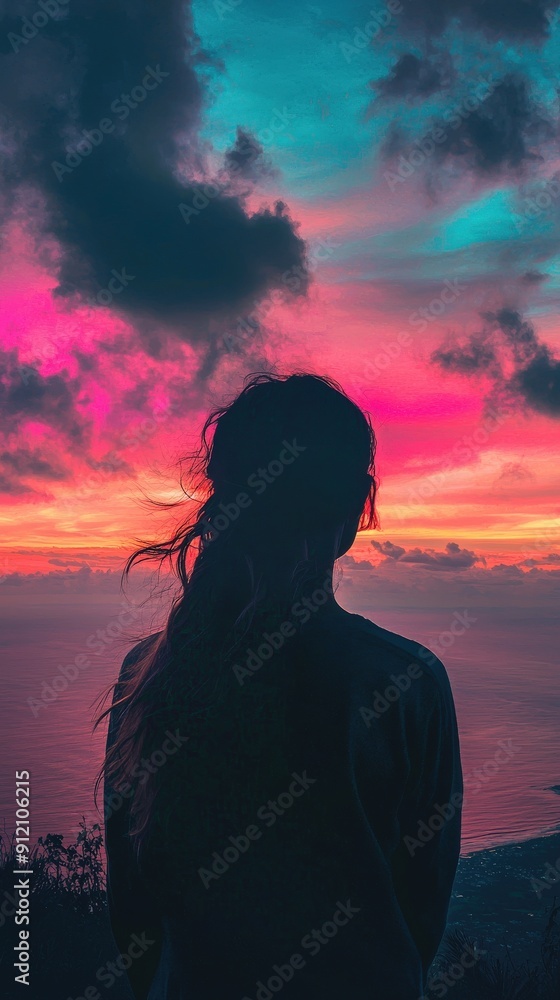 A silhouette of a person watching a breathtaking sunset over the ocean, surrounded by vibrant colors and dramatic clouds. A silhouette of a person watching a breathtaking sunset over the ocean, surrounded by vibrant colors and dramatic clouds.