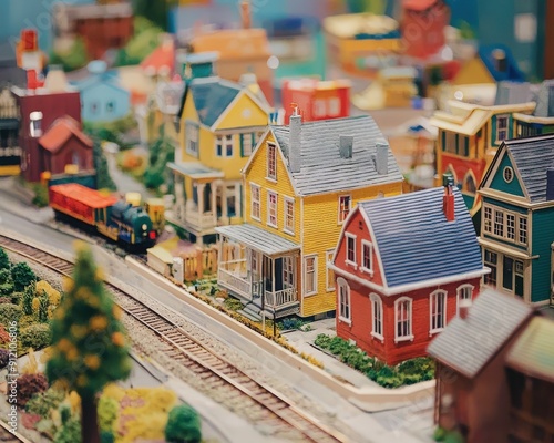 Colorful miniature houses and train on a vibrant model railway showcasing a charming town scene. photo