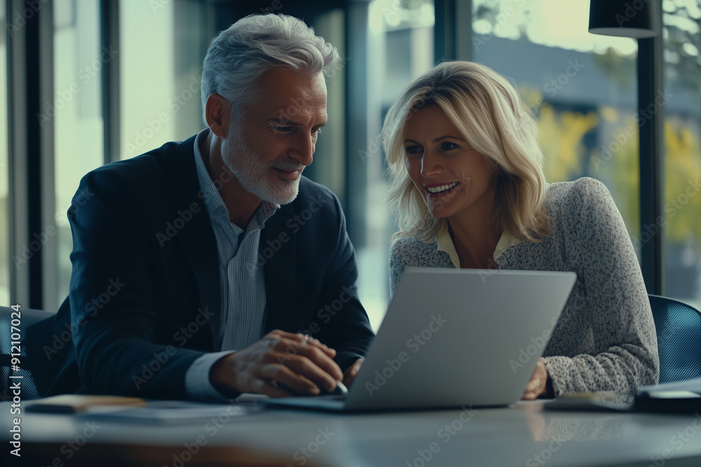 Senior businessman consultation professional partners sitting in office center looking at laptop. Senior businessman consultation professional partners sitting in office center looking at laptop.