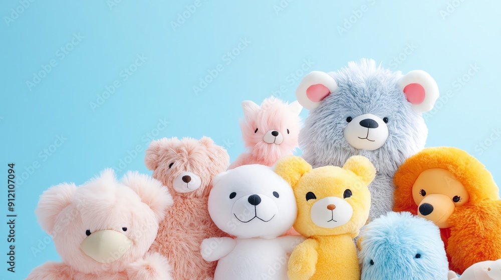A colorful collection of cute plush animals against a soft blue background, perfect for children's decor or toy promotion. A colorful collection of cute plush animals against a soft blue background, perfect for children's decor or toy promotion.