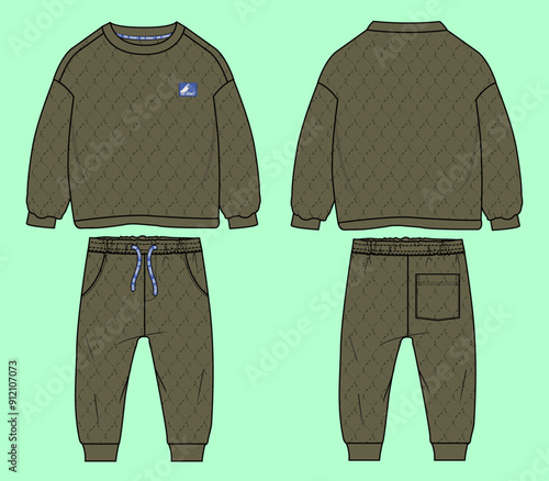 Boys drop shoulder olive colour quilting crew neck sweatshirt and jogger flat sketch outline vector fashion illustration template.