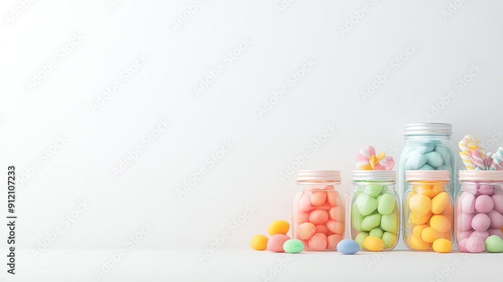 Colorful jars filled with pastel candies arranged neatly on a clean white background, perfect for sweet-themed projects. Colorful jars filled with pastel candies arranged neatly on a clean white background, perfect for sweet-themed projects.