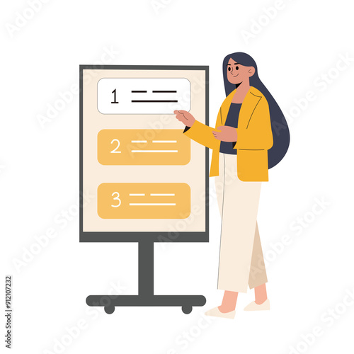 Business woman giving presentation and pointing at a board in a conference, vector flat design illustration.