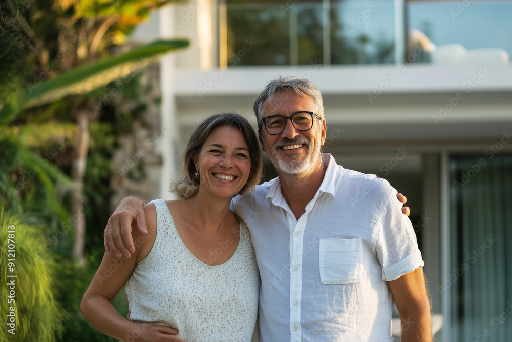 Senior husband hugging blonde happy wife house at background, senior elderly affection concept. Senior husband hugging blonde happy wife house at background, senior elderly affection concept.