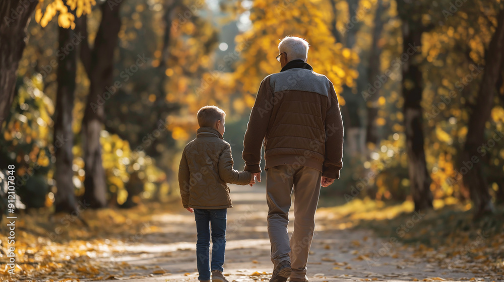 Obraz premium Elderly father adult son and grandson out for a walk in the park